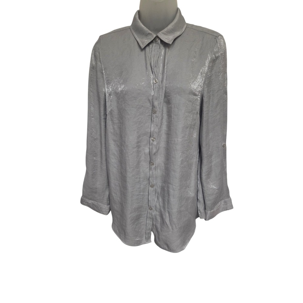 Chico's Silver Metallic Shimmer Button Front Blouse Roll Tab Sleeve Size 1 M‎